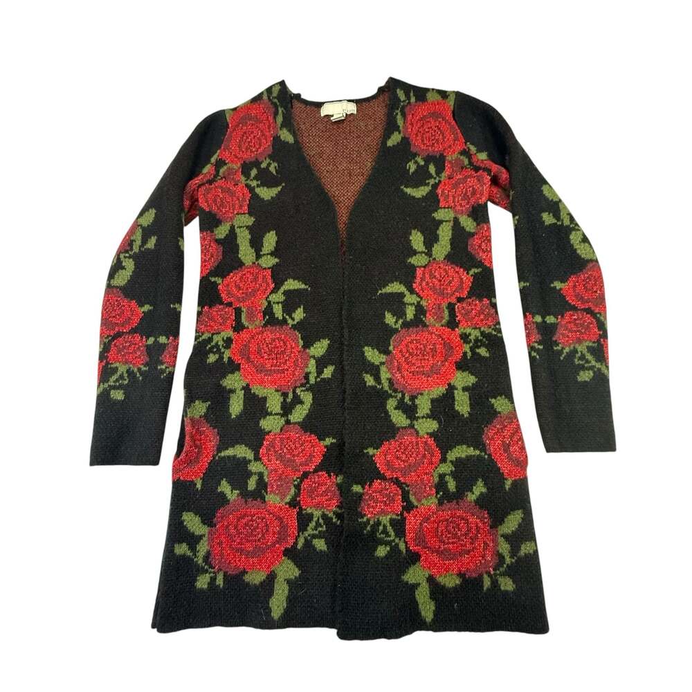 By Design Red Rose Floral Open Front Long Cardigan Sweater Size M - Picture 1 of 10